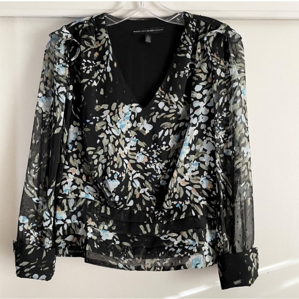 WHBM Floral Metallic Sheer Print Blouse Sz 2 Balloon Sleeve V Lined  Black/Blue
